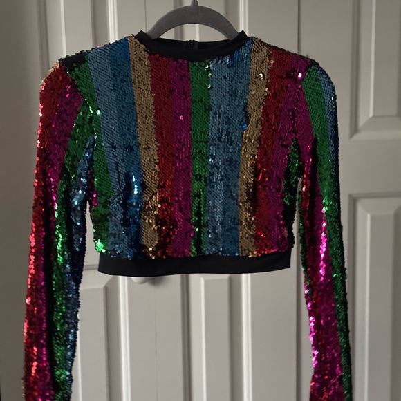 Cropped Long Sleeve Sequin Top - Multicolor Stripes - Picture 7 of 15